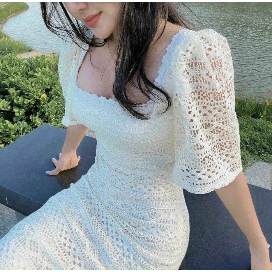 Đầm Đuôi Cá ❤️FREESHIP❤️ Ôm Body Cổ Vuông Tay Phồng Dây Cột Nơ Sau Siêu Xinh