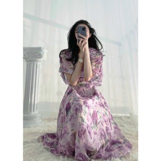 Đầm Cati maxi tơ hoa tím V386
