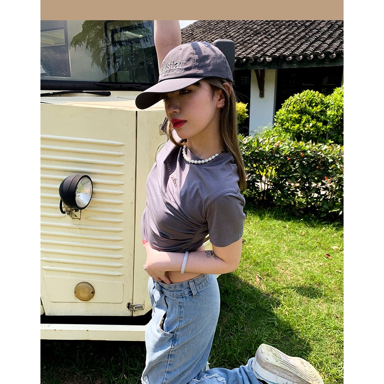 QADCOL Áo Croptop Tay Ngắn Hở Vai Xếp Ly Màu Đen Thời Trang Quyến Rũ Cho Nữ