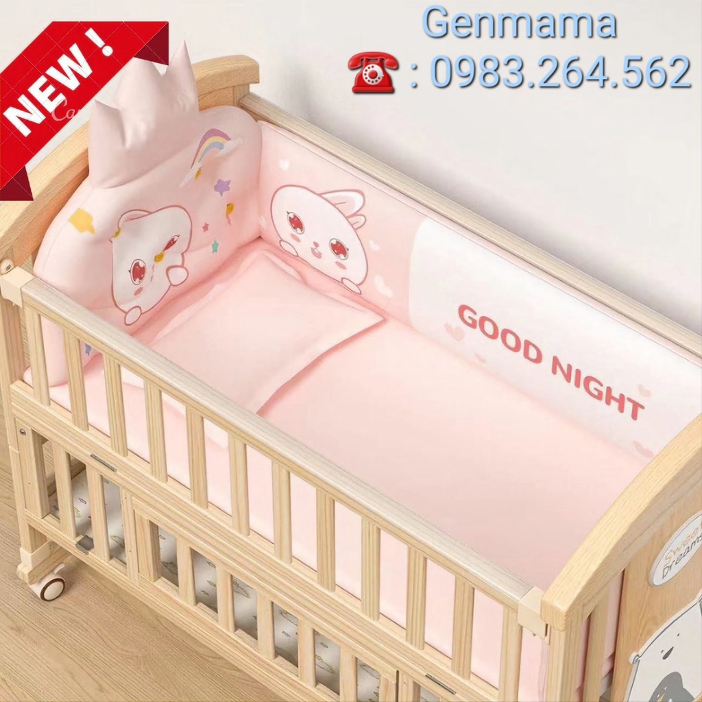 Nôi Cũi Cho Bé Trọn Bộ . Cũi Trẻ Em 2 Tầng Gỗ Thông  Kích Thước 105cm x 60cm x 90cm