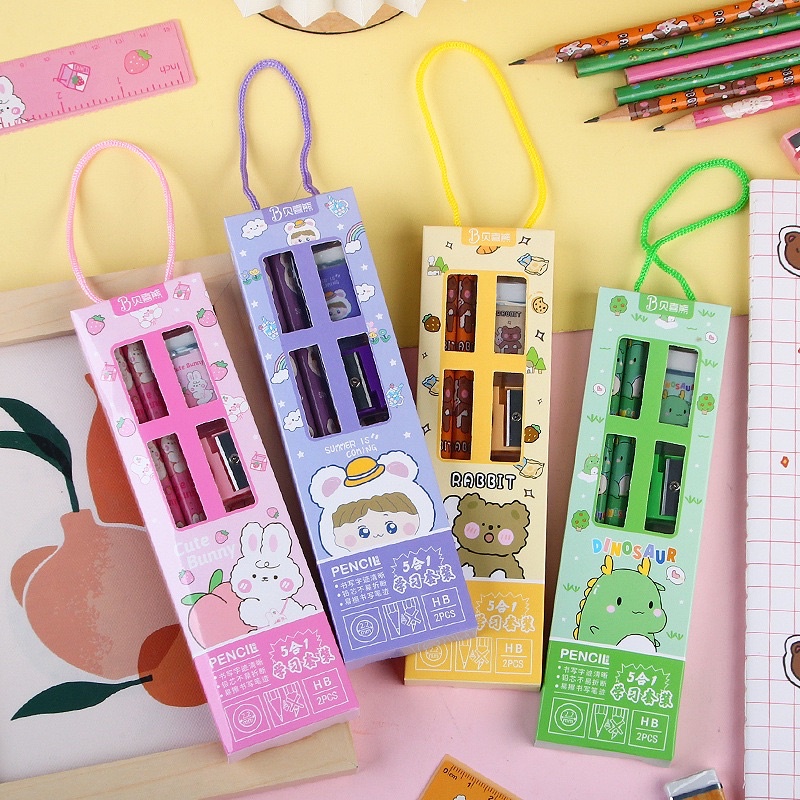 Set 5 Món Dụng Cụ Học Tập Trong Hộp Có Quai Xách Dễ Thương KidPlaza(2bút chì,tẩy,thước kẻ,gọt)