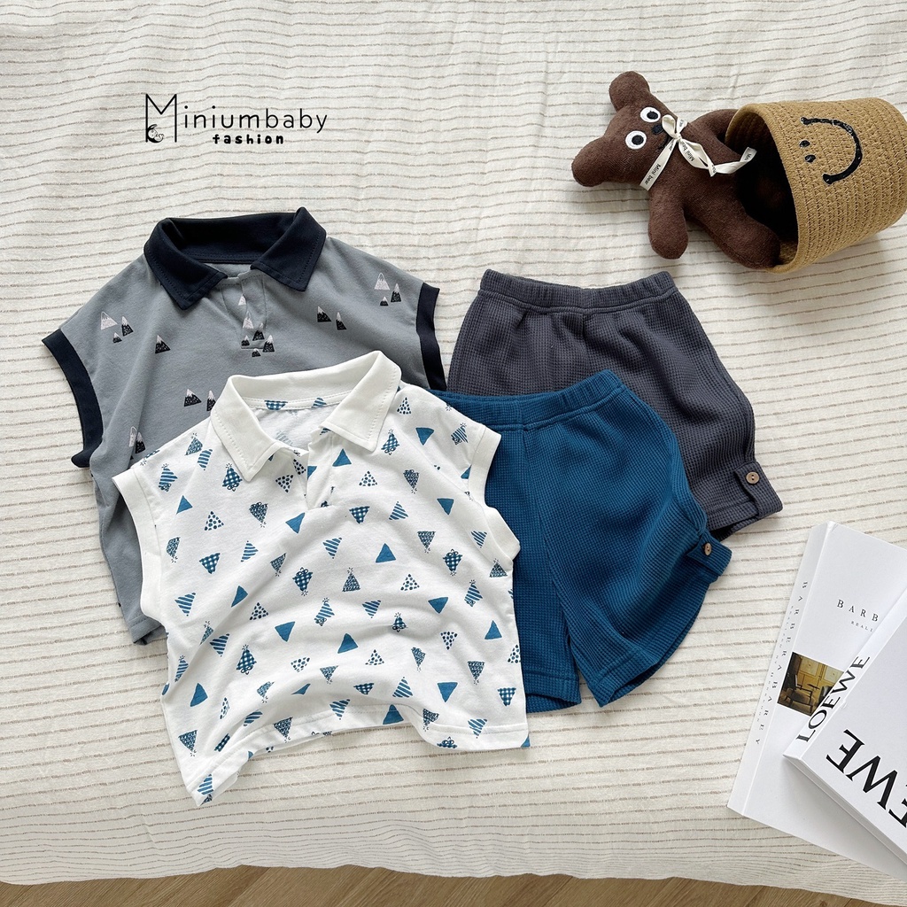Bộ đồ sát nách quần đùi Miniumbaby cho bé, set quần áo trẻ em áo phối viền, cổ họa tiết chất cotton-SB1441