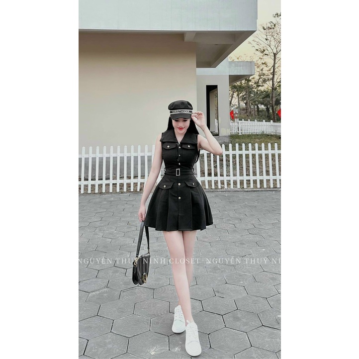 Siêu phẩm Đầm nữ dáng ngắn túi hộp cao cấp,đầm sát nách xếp li tinh tế có đai thắt eo,hàng chuẩn from