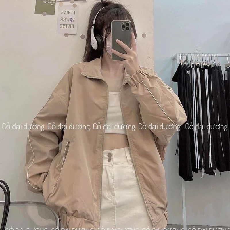 Áo khoác dù mero 2 lớp cổ sơmi dây kéo viền sọc form rộng unisex ulzzang nam nữ