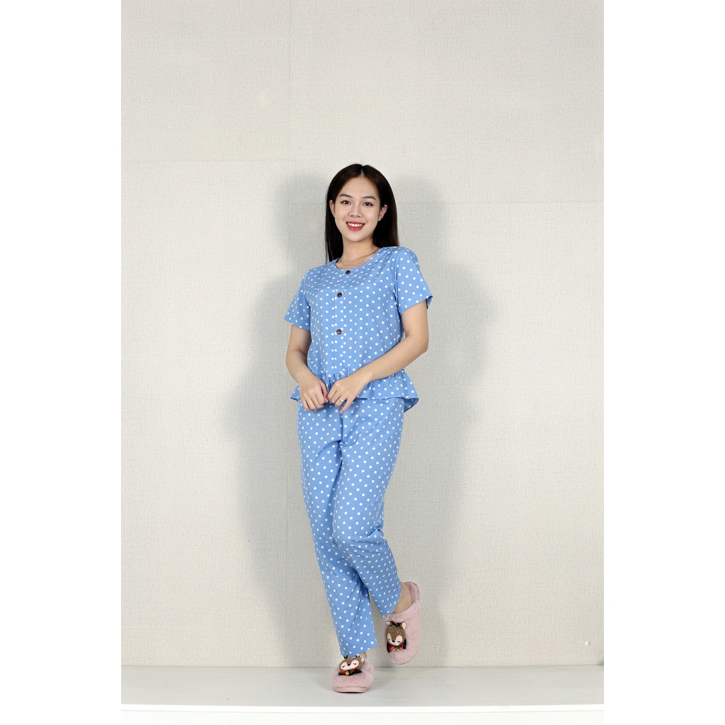 Bộ đồ nữ NKK chất lụa cao cấp áo cộc tay quần dài lai bèo XANH CHẤM BI - Dịu dàng - Nhẹ nhàng
