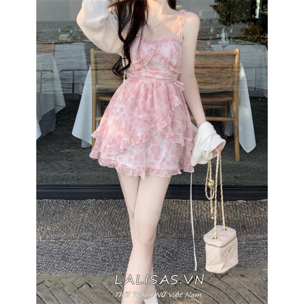 Lalisas set Đầm Dây Không Đều Thiết Kế Ngọt Ngào + Khăn Choàng Trắng Thời Trang Cho Nữ (Đặt Hàng)