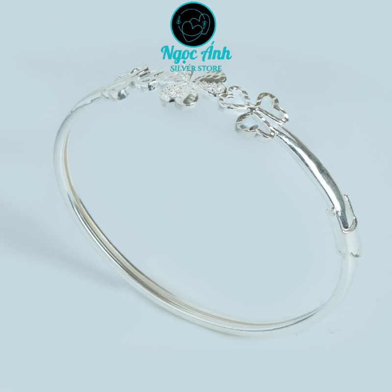 Lắc tay nữ mẫu kiềng cứng cỏ 3 lá đính đá Zirconia Trang sức bạc ta Quà tặng may mắn Ngọc Ánh Silver LT005