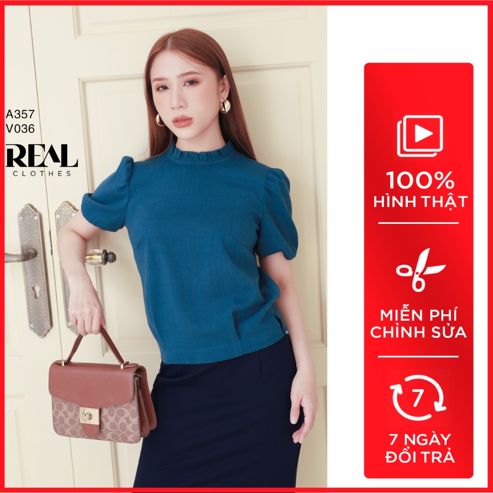 Áo kiểu nữ Cổ tròn, nút cài phía sau cổ và nút cài hai bên hông màu xanh cổ vịt - vivian