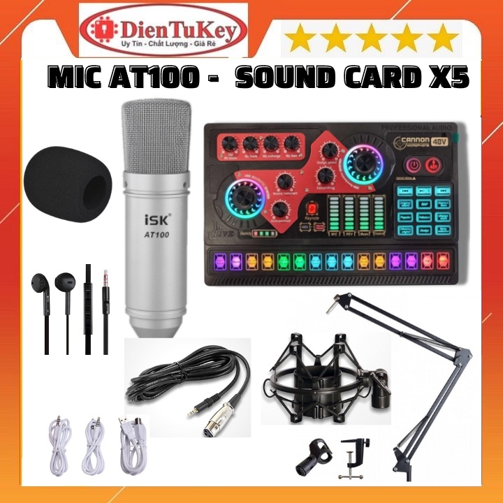 Bộ Sound Card X5 Và Micro ISK AT100 kèm tai nghe chuyên Hỗ Trợ nguồn 48v Hát Autotune , Livestream , Thu Âm Cực Hay