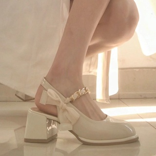 Giày Cao Gót Da Bóng Đính Nơ Lụa Bóng Kiểu Pháp Xinh Xắn Cho Nữ