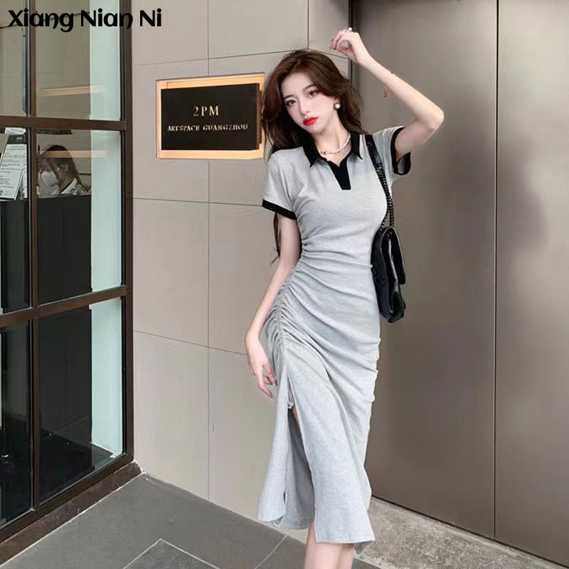 Đầm XIANG NIAN NI cổ polo dáng ôm phong cách Hàn Quốc dành cho nữ