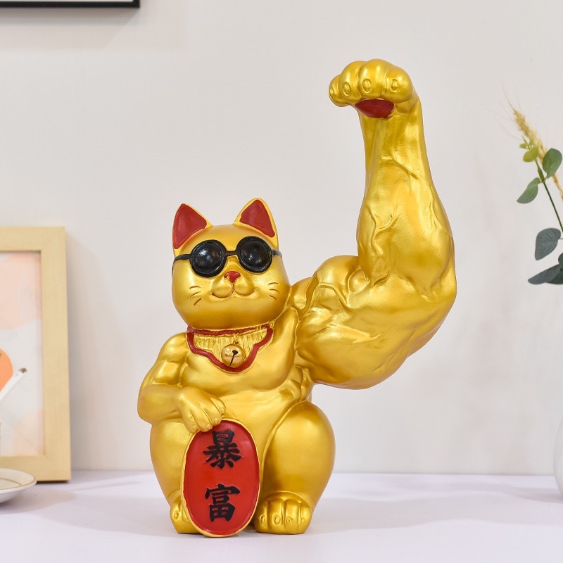 Mèo lực sĩ cơ bắp mèo tập gym mèo cánh tay to mèo thần tài decor chào khách cao 25cm
