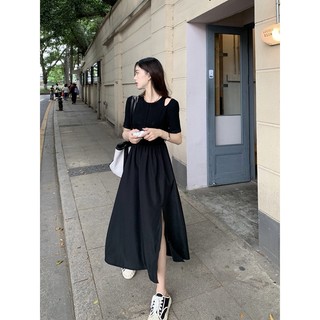 (ORDER) Váy thun cộc tay khoét hở vai hai bên, màu đen thon eo xòe dài điệu đà xẻ tà