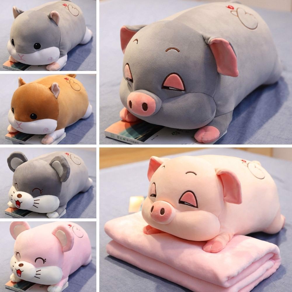 Sét Chăn Gối Heo Văn Phòng Hình Lợn Con Dễ Thương - Chăn Gối 2in1 Hình Heo Con, Heo Hồng 50cm Kèm Mền Màu 1m7, Đường May