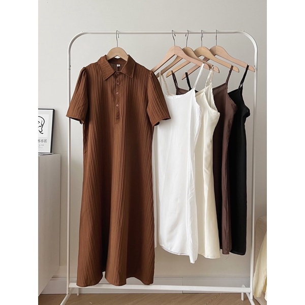 Váy sơ mi kèm 2 dây V01 Set Váy Polo Dáng Dài Kèm Váy Hai Dây Lụa, Đầm Sơ Mi Gân Cổ Đức Tay Ngắn Bồng Nhẹ Nhàng