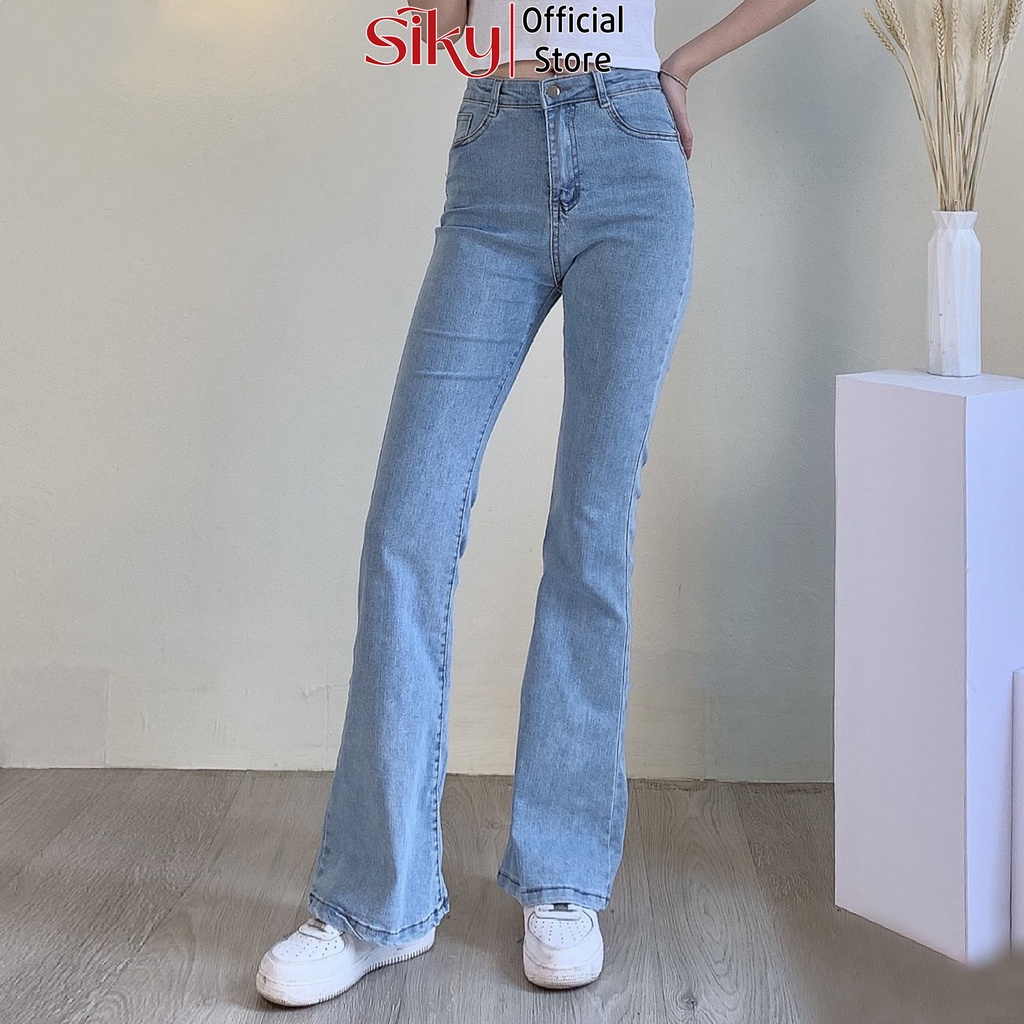 Quần jeans ống loe nữ SIKY lưng cao co giãn may gấu phong cách Hàn Quốc - QJ16