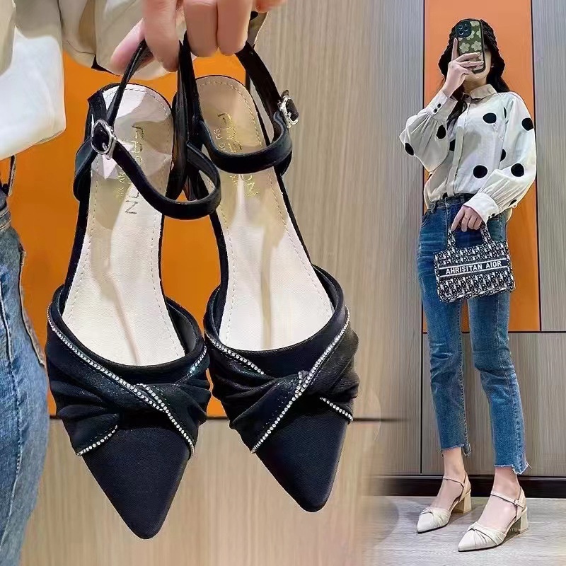 Giày Cao Gót Mũi Nhọn Bằng Da Mềm Đính Nơ Thời Trang Dành Cho Nữ