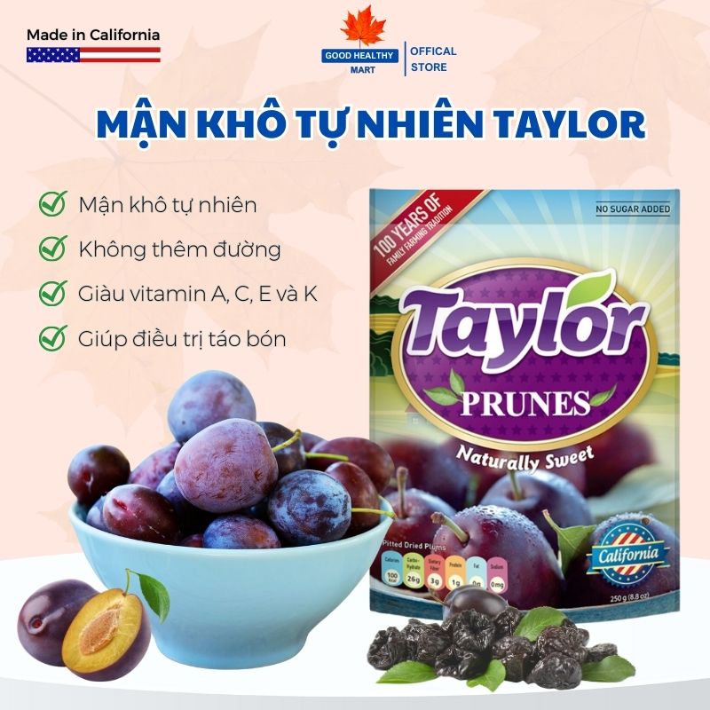 Mận Khô, Mận Sấy Tự Nhiên (không thêm Đường) Taylor PRUNES NATURALLY SWEET 250g