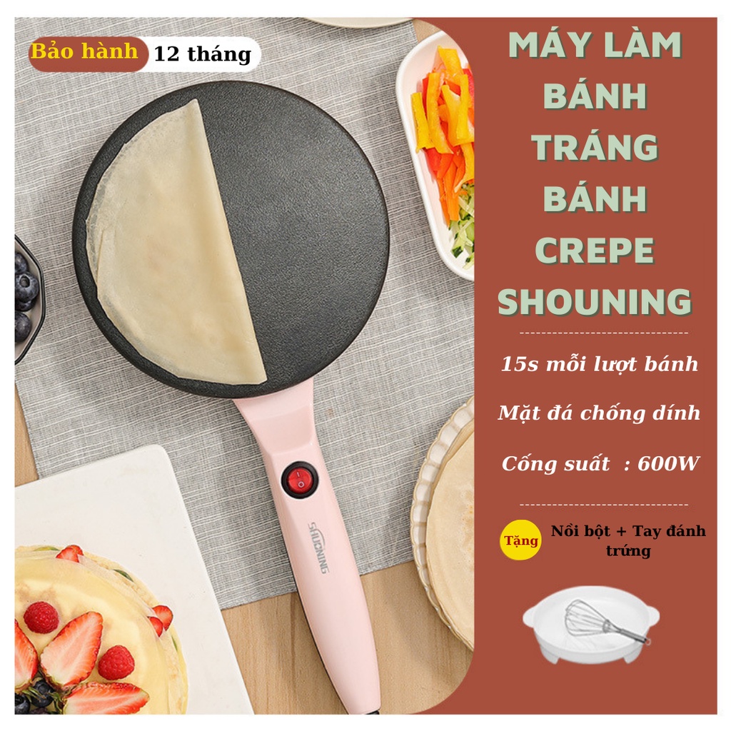 Máy làm bánh tráng , bánh crepe ,bánh cuốn chống dính cao cấp shuo.ning tặng kèm khay bột tay đánh trứng