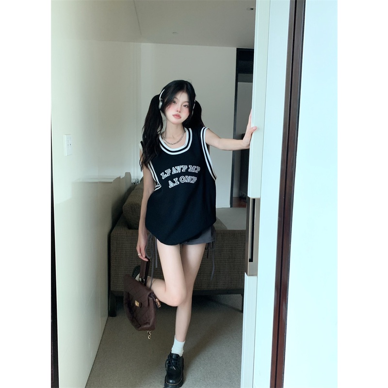 Áo thun QKOOLE thể thao không tay thêu chữ phong cách Hàn Quốc cho nữ