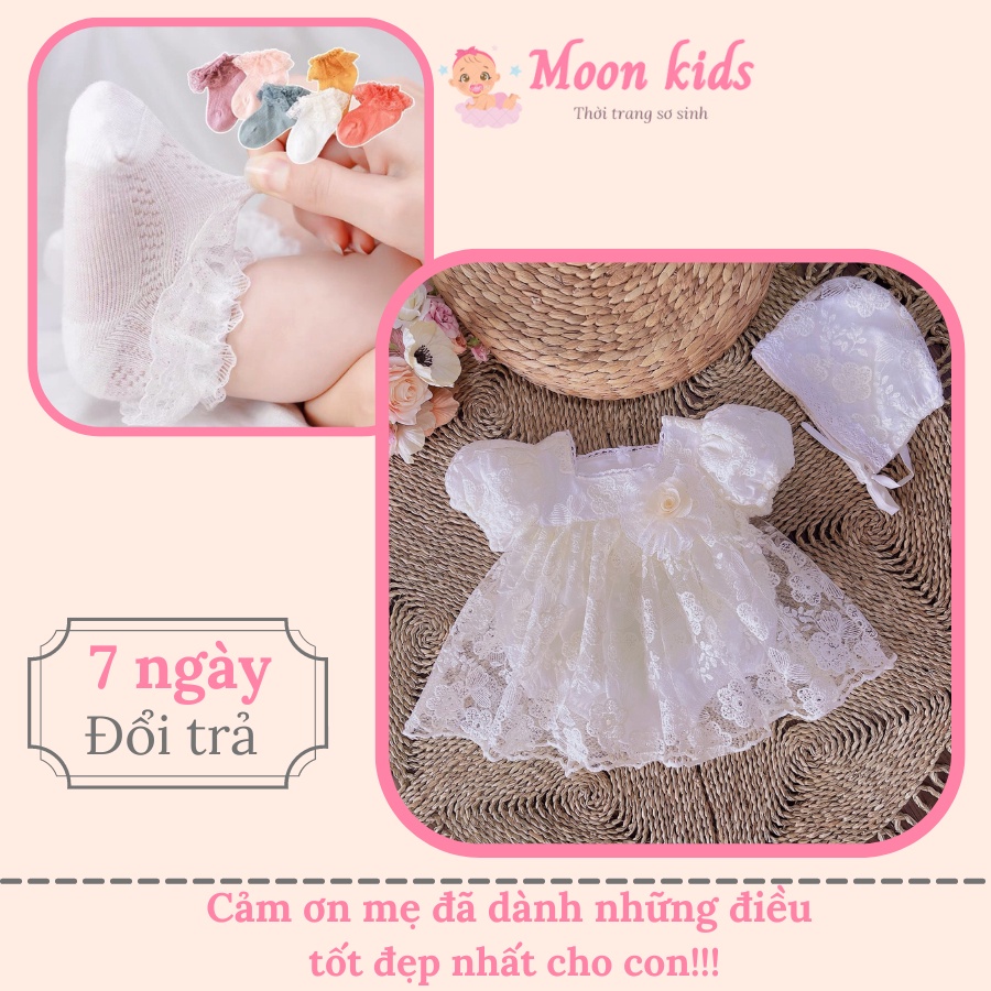 Set Đầm Đầy Tháng Bé Gái MOONKIDS. Body Váy Bé Gái Sơ Sinh, Kèm Mũ Và Tất, Body Váy bé Gái, Đầm Công Chúa, Đầm Bé Gái