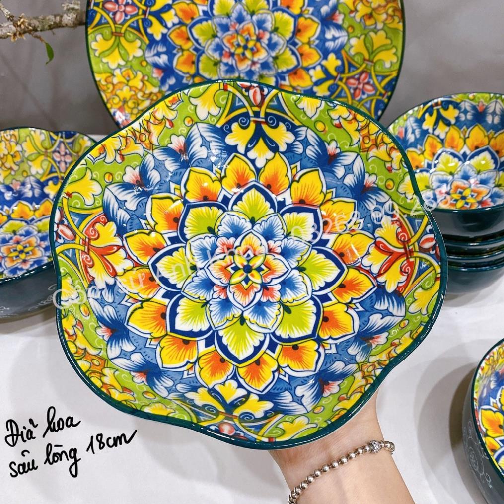 Siêu Sale - Bát Đĩa Gốm Sứ Decor, Bát Ăn Cơm, Bát Ăn Chè, Chén Dĩa Dễ Thương Bộ Bát Đĩa Thổ Cẩm Xanh Posimia