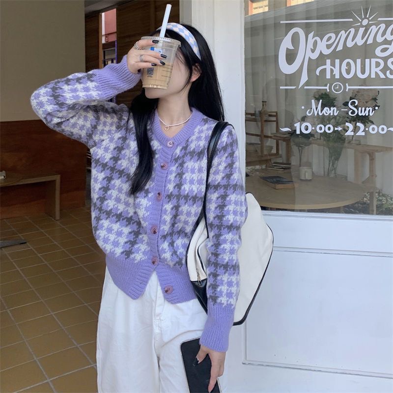 Áo cardigan dệt kim form dáng rộng màu tím thời trang thu đông cho nữ