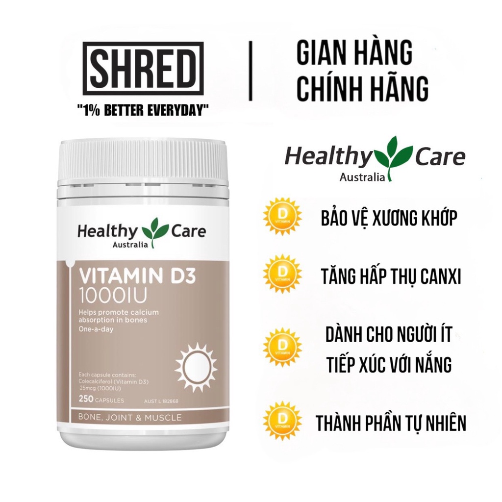 Viên uống bổ sung Vitamin D3 Healthy Care 1000IU 250 viên tốt cho xương, cơ bắp và cải thiện sức kho