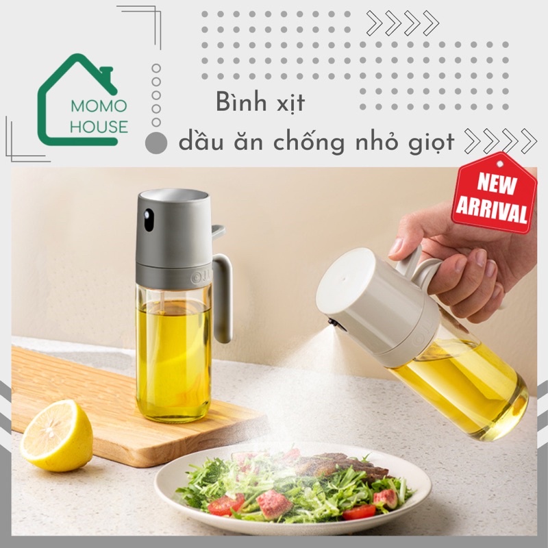 Bình Xịt Dầu Ăn Phun Sương Chống Nhỏ Giọt MOMO HOUSE, Chai Xịt Dầu Ăn Thuỷ Tinh Cao Cấp 2 Màu Be và Xám