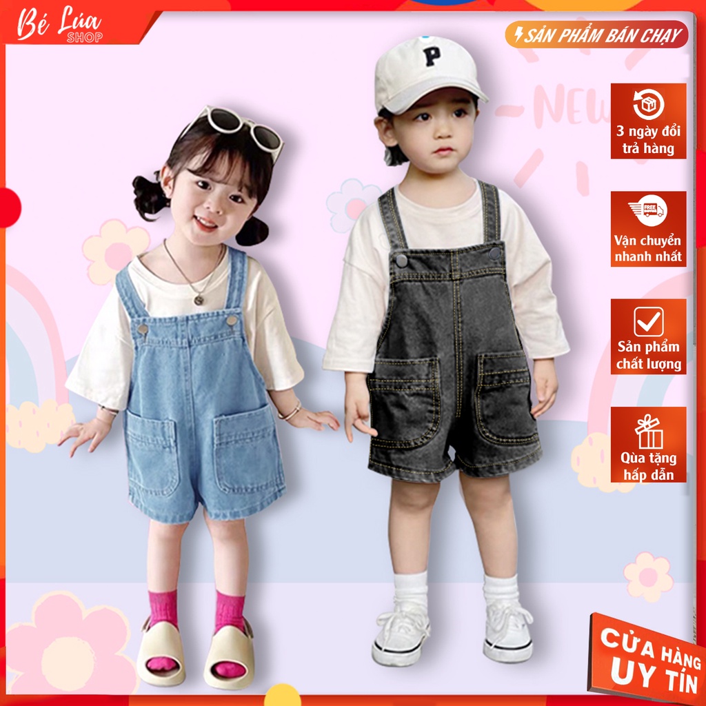 Quần yếm jean cao cấp xuân hè trẻ em dáng lửng cho bé trai bé gái hai mầu xanh và đen phong cách hàn quốc size từ 8-29kg