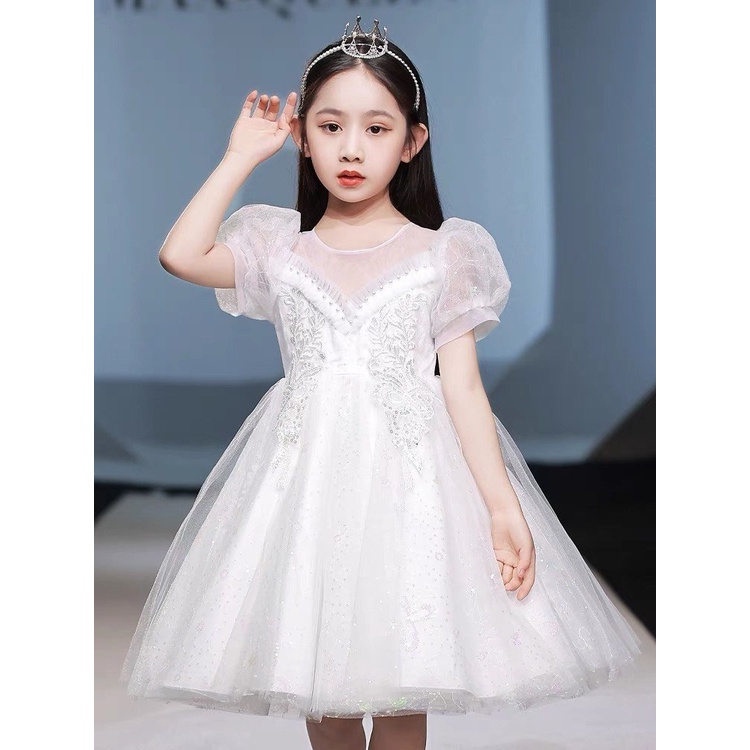 Váy Đầm công chúa ren trắng voan tơ thêu hoa đính ngọc cao cấp cho bé gái 8kg đến 40kg