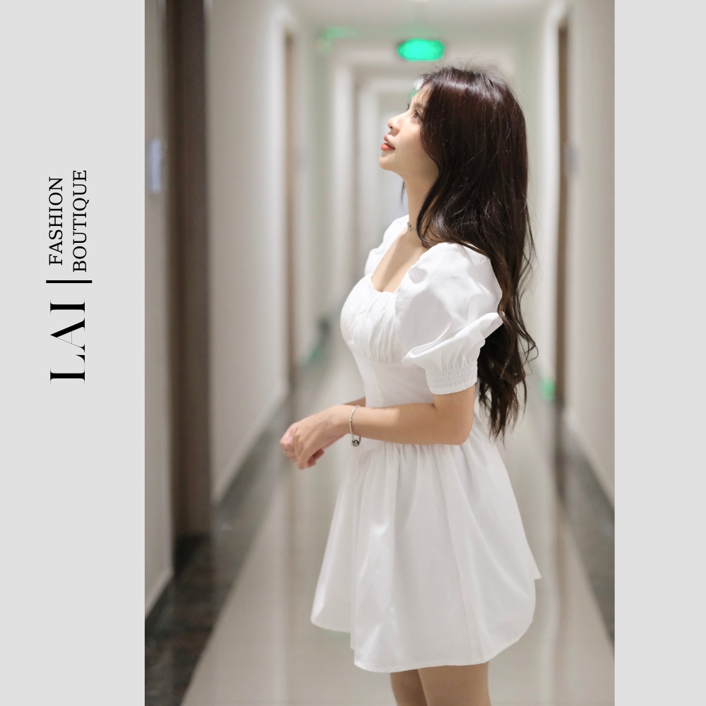 Váy nhún lưng nhiều màu, Đầm Váy Cổ Vuông Nhún Ngực có mút ngực, đầm xòe nhún tay phồng chất LINEN