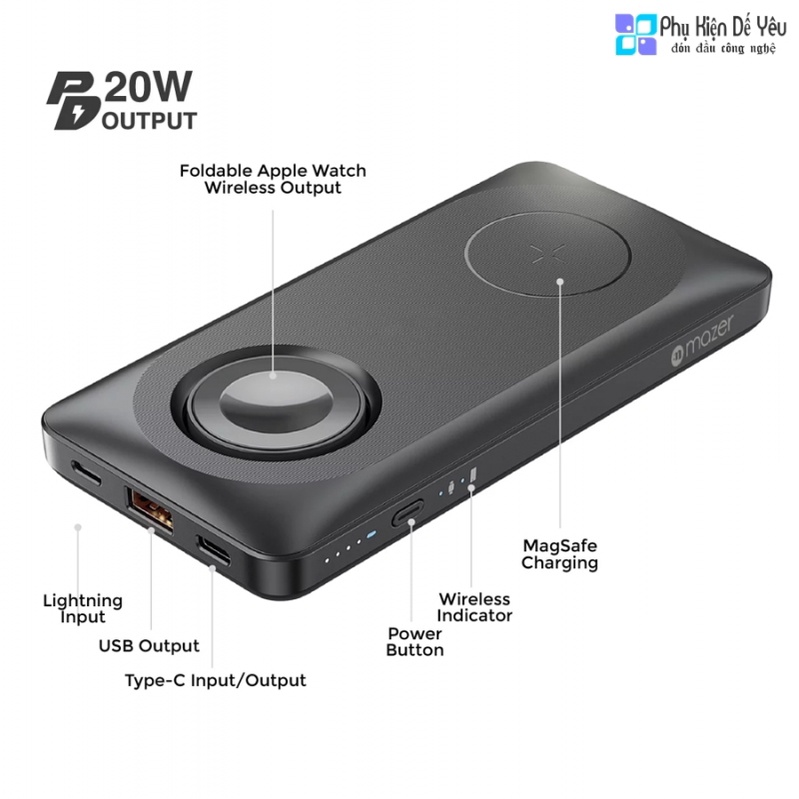 Pin sạc dự phòng không dây Mazer MagAir14 DUO Mag.S.a.f.e 15W + Sạc A,p.p.le Watch - 10.000mAh