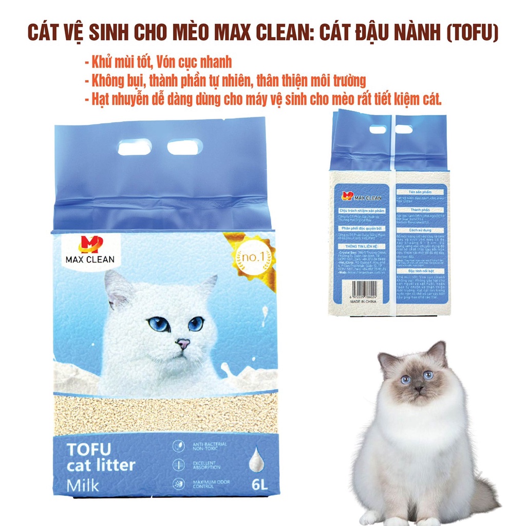 Cát vệ sinh cho mèo Max Clean, Cát đậu nành vón tốt, không bụi, khử mùi tốt, 2,5 kg 6 lít - Max Clean