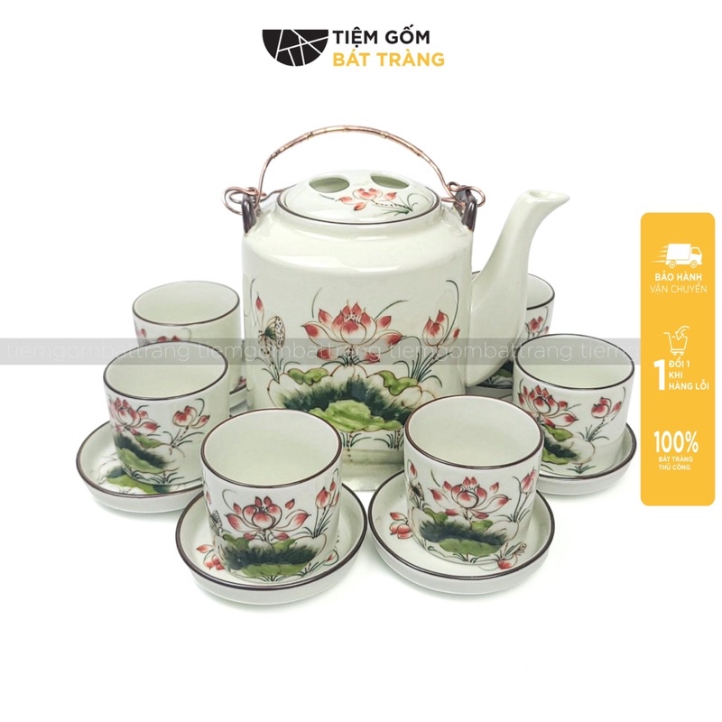 Bộ Ấm Tích Men Kem Vẽ Hoa Ấm Chén Sứ Bát Tràng Cao Cấp 1500ML Chén Sứ Uống Nước