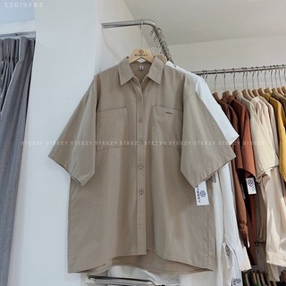 Áo sơ mi cộc tay unisex in chữ ESSENTIALS hai túi ngực form oversize