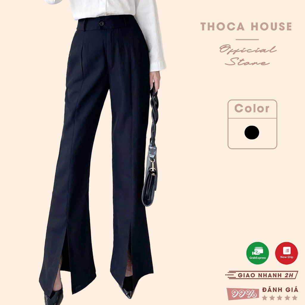 Quần ống rộng xẻ lai công sở trơn đen tôn dáng xinh THOCA HOUSE chất dày dặn, mặc đi làm, đi học
