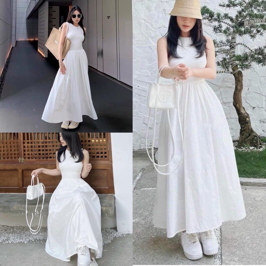 Đầm maxi ba lỗ chất thun zip xòe phối váy dài màu trắng-váy xòe dáng dài hottrend2023 đi biển đi chơi dễ thương hàn quốc