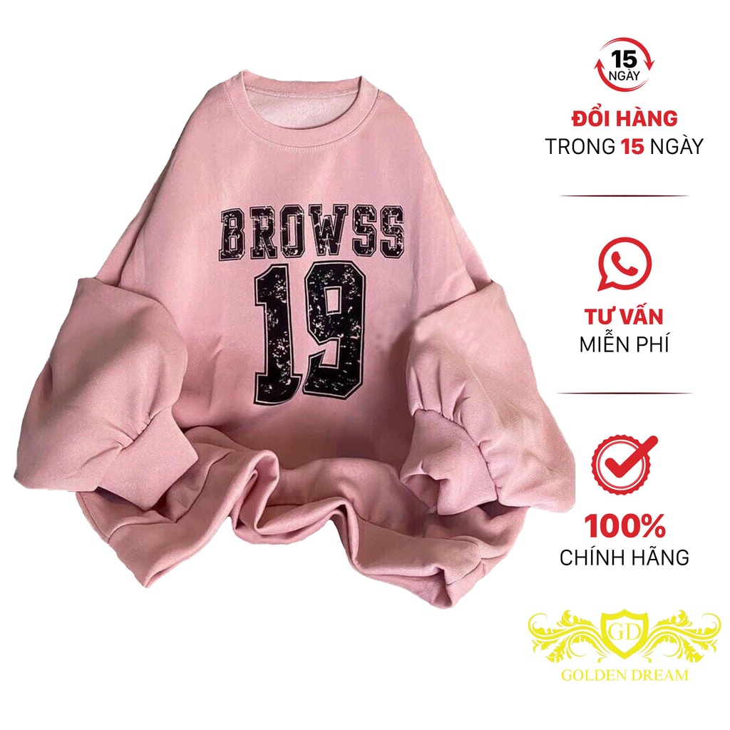 Aó SWEATER Nữ Tay Phồng Vải Nỉ in SỐ 19 Sắc Nét GOLDEN DREAM