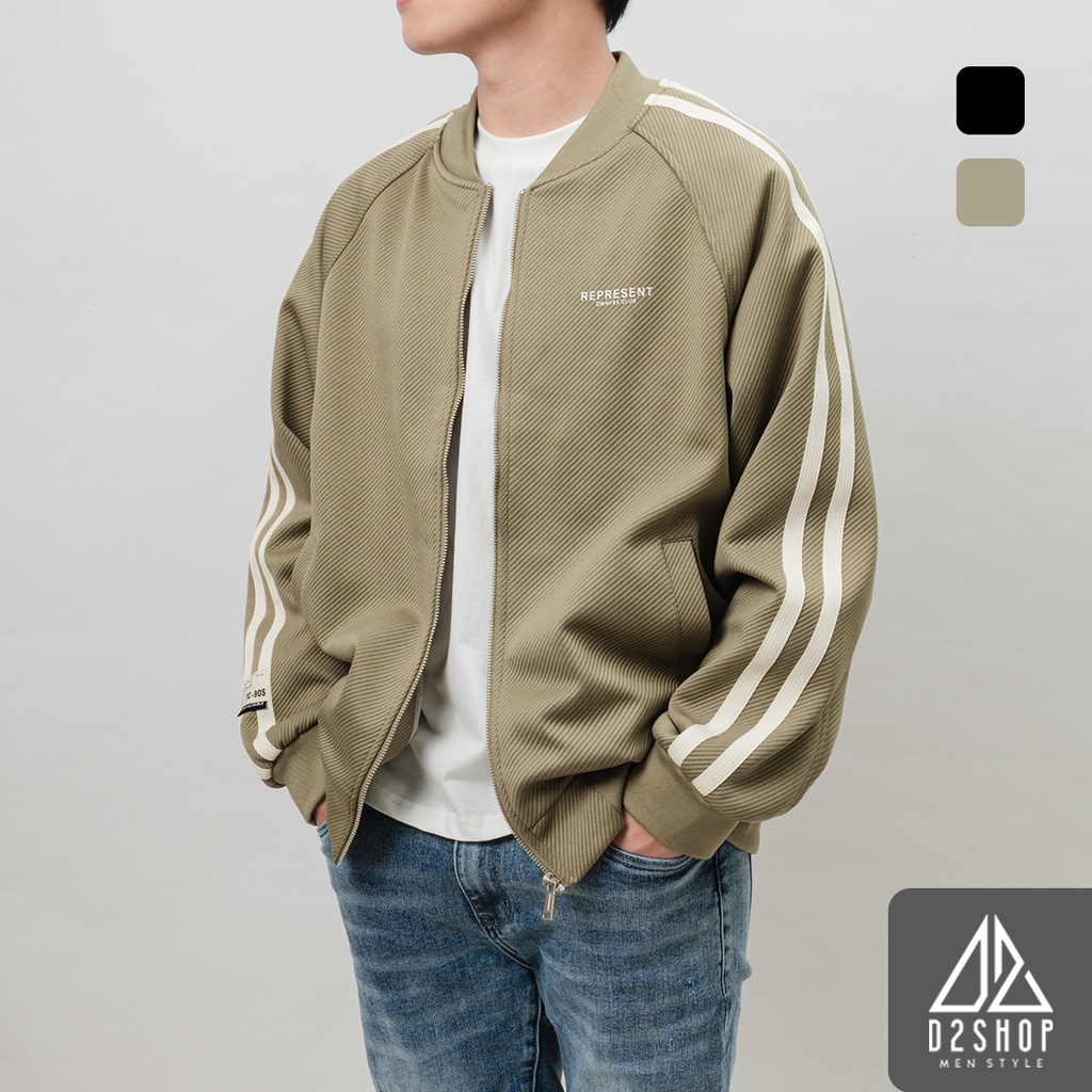 Áo khoác nam D2shop, áo khoác bomber in chữ REPRESENT, vải nỉ dập nổi, màu rêu [K-81166]