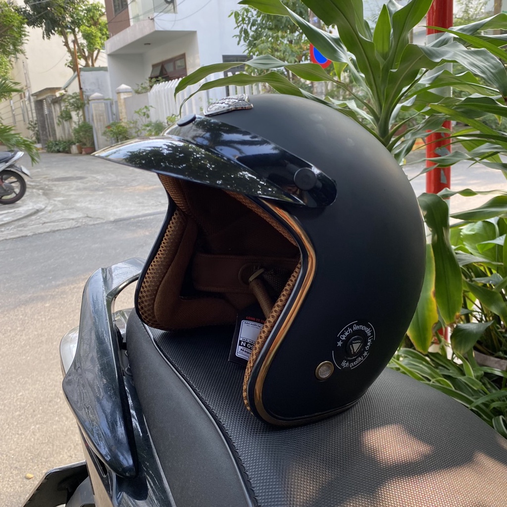 Mũ bảo hiểm 3/4 chính hãng màu đen nhám SH Napoli, nón freesize chất lượng kèm kính phi công, UV