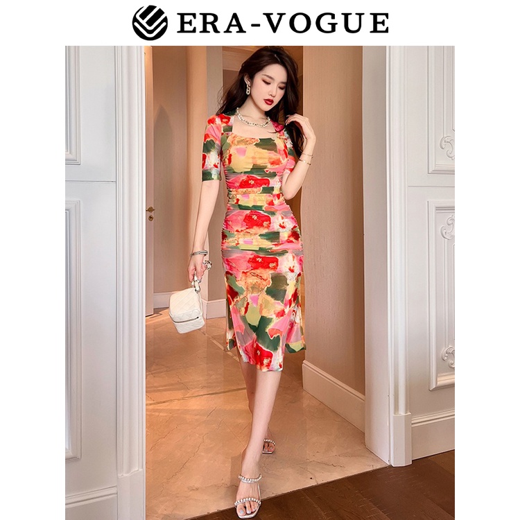 EraVogue🌷 Đầm cổ vuông Hông dài Đầm in hình mảnh mai phù hợp với phụ nữ mới kiểu Pháp tươi sáng Phong cách Hồng Kông 20136