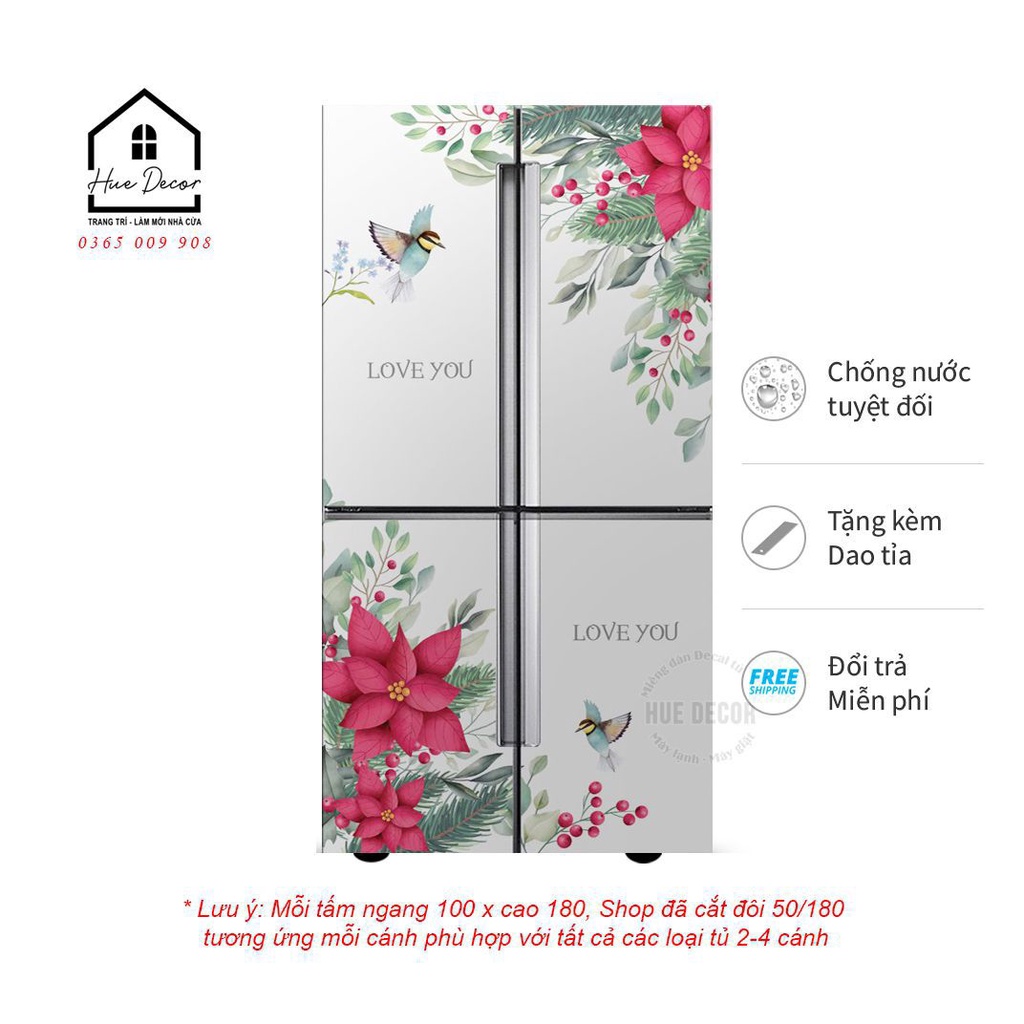 Decal dán tủ lạnh 2 cánh, 4 cánh hoa trạng nguyên hue decor, chống nước siêu bền, chất lượng, giá rẻ