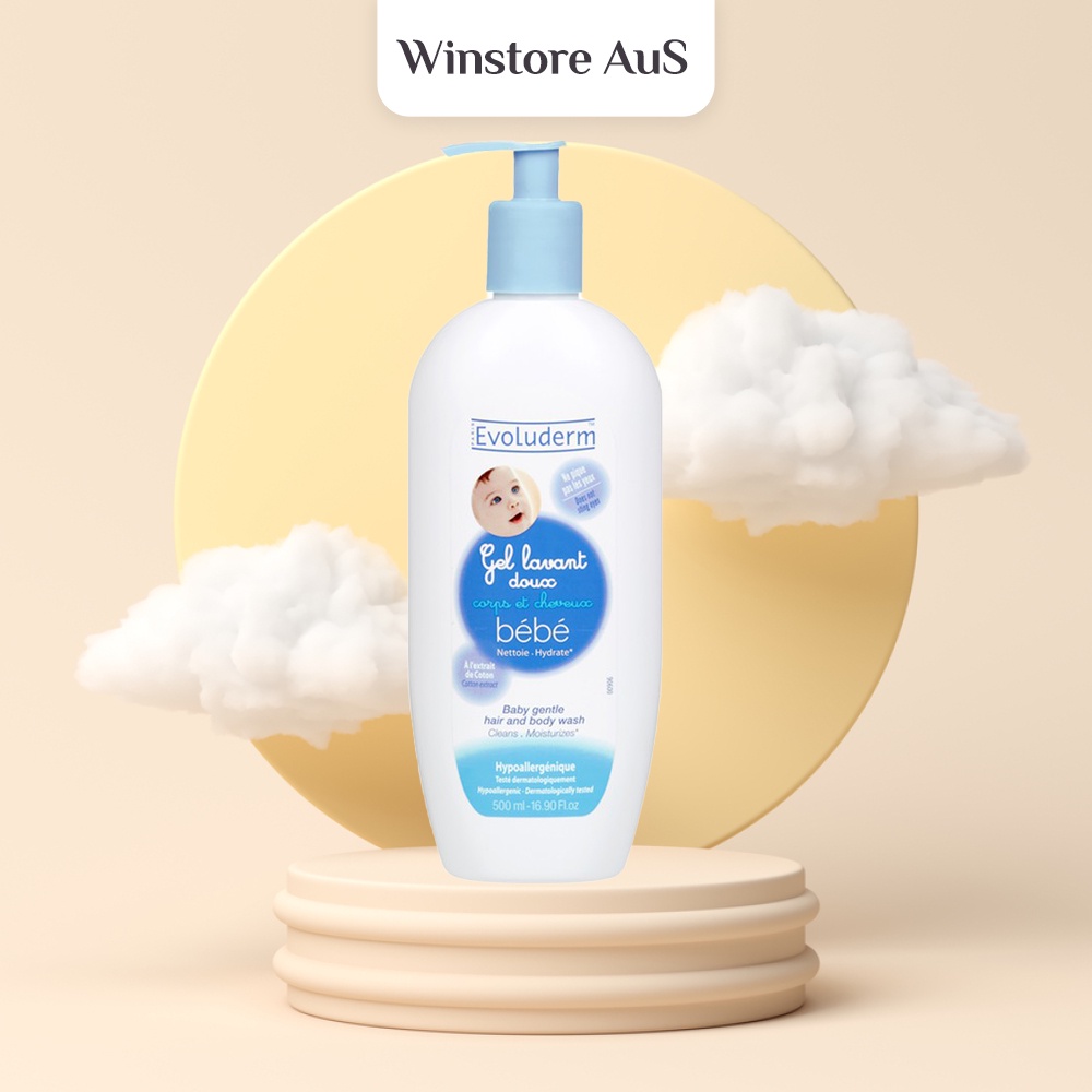 Sữa, Gel Tắm Gội Làm Sạch Dưỡng Ẩm Toàn Thân Cho Em Bé Chính Hãng Pháp Evoluderm 500ml