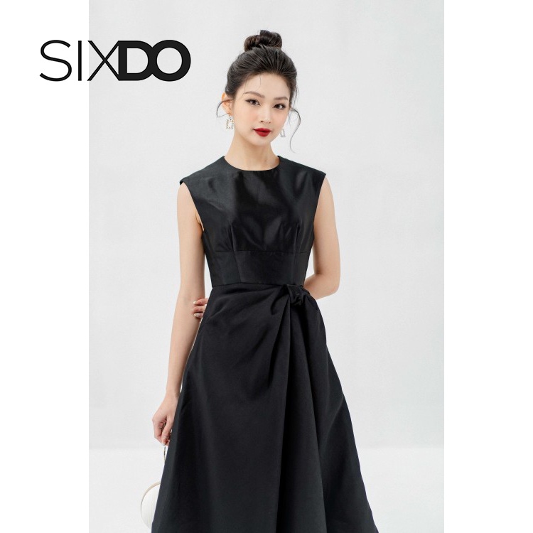 Váy đầm đen không tay nhúm nơ eo thời trang SIXDO (Black Sleeveless Midi Taffeta Dress)