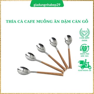 Muỗng cà phê, thìa ăn dặm cho bé, inox sáng bóng, tay cầm màu gỗ sang trọng dài 16cm