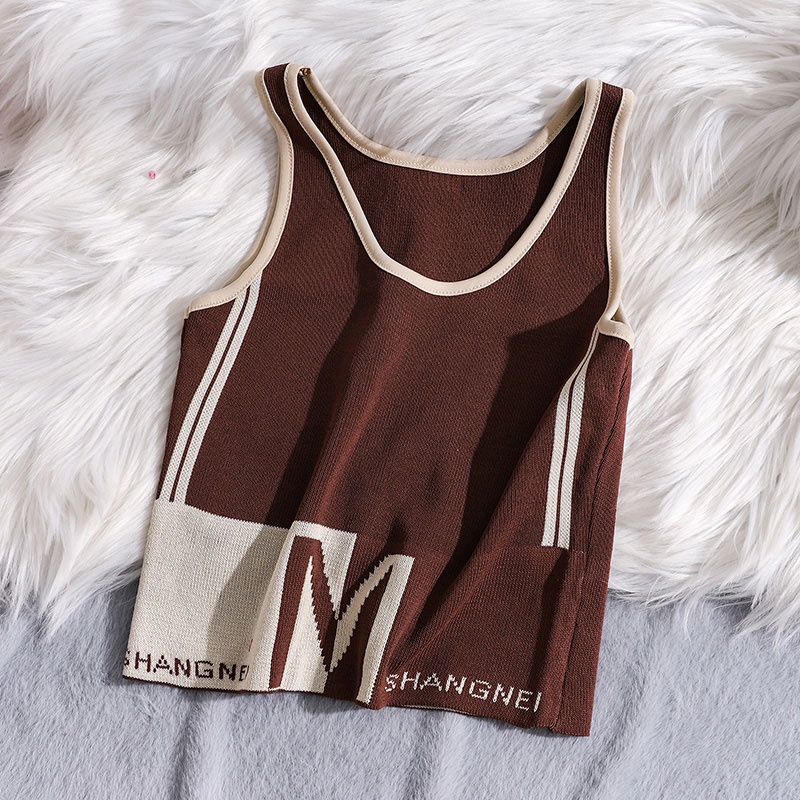 Áo Len Không Tay Dáng Ôm Màu Tương Phản In Chữ M Phong Cách Mới Cho Nữ