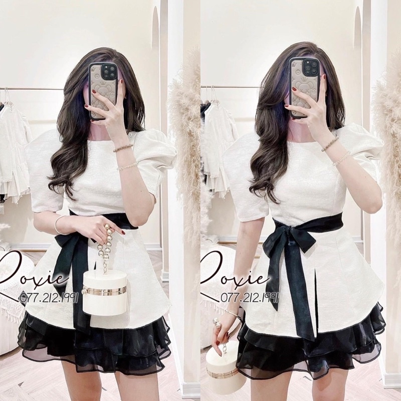 Set Áo TacTa Nhũ Mix Chân Váy Tơ Sang Chảnh Kèm Đai Nơ Có Ảnh Thật