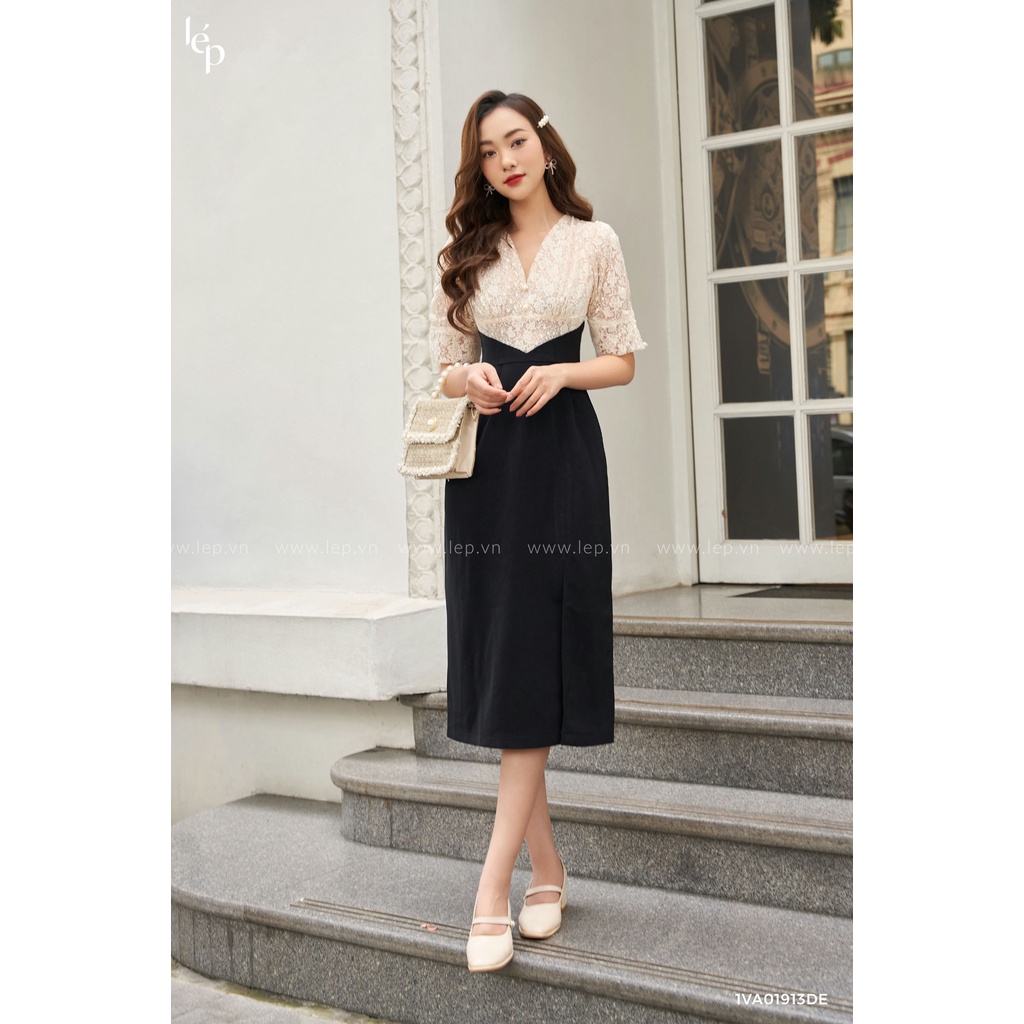 Váy đen trơn phối ren midi chiết eo tôn dáng Lep' 1VA01913DE