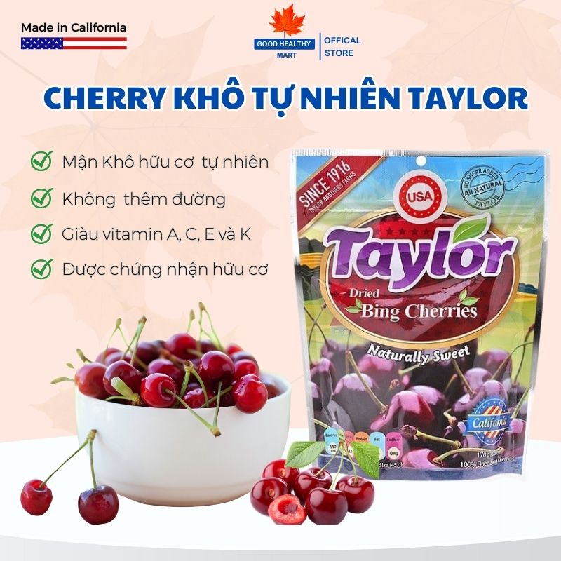 Anh đào Cherry Khô Hữu Cơ Tự Nhiên Taylor Dried Bing cherries Không Đường Ăn Kiêng Giảm Cân 170gr